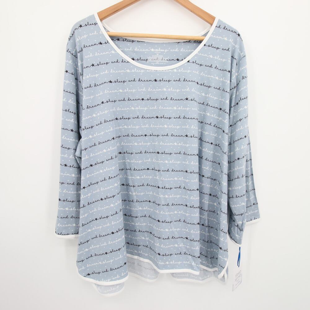 Sleep Sense Pajama Top Blue White Handwriting Pattern Scoop Neck Long Sleeve 3X